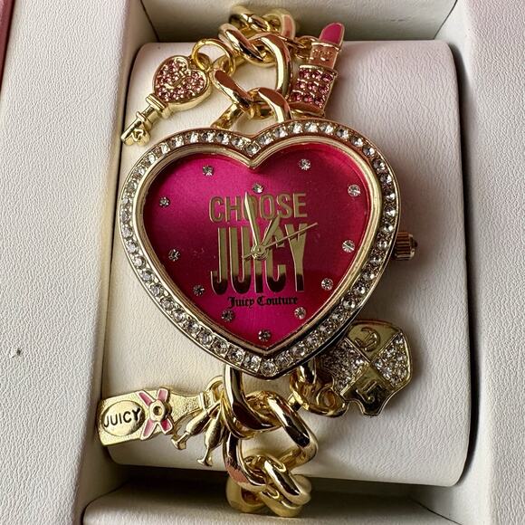 NIB JUICY COUTURE Gold Pink Rhinestone Heart Watch Charm Bracelet Crest Key GIFT - Picture 4 of 16